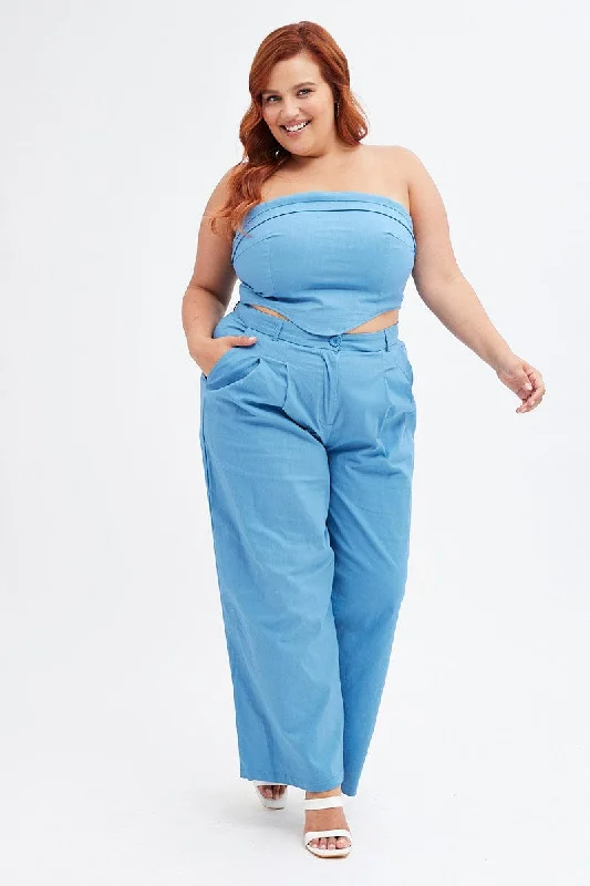 Blue Wide Leg Pants High Rise