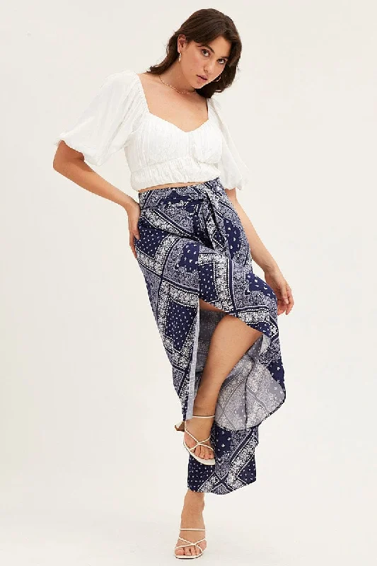 Boho Print High Rise Front Split Wide Leg Pants