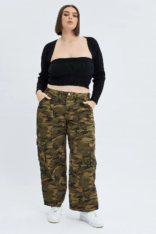 Green Abstract Cargo Pants Camouflage Wide Leg Cotton Drill