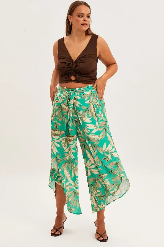 Green Floral Wide Pant Elastic Waist Split Leg