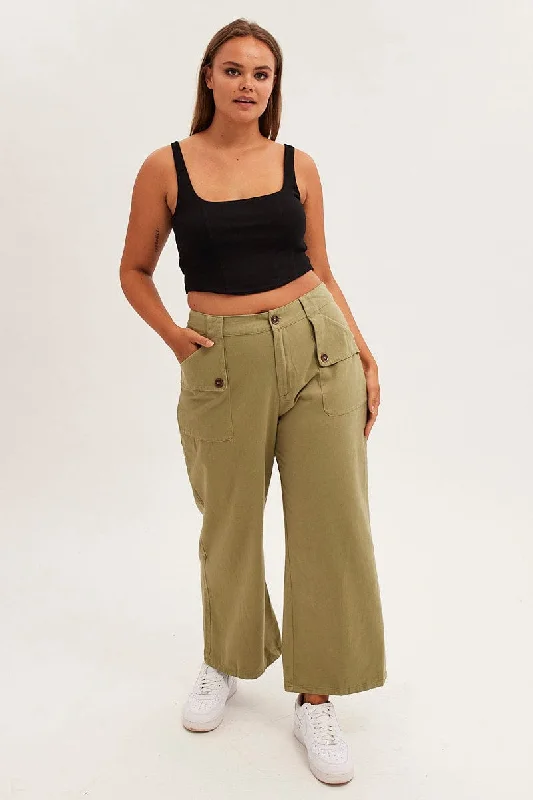 Green Wide Leg Pant Cargo Pocket Cotton