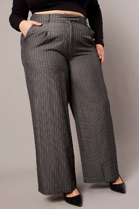 Grey Stripe Wide Leg Pants High Rise