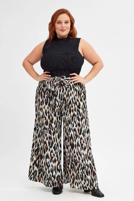 Multi Animal Print Wideleg Pants Abstract Leopard Tie Waist