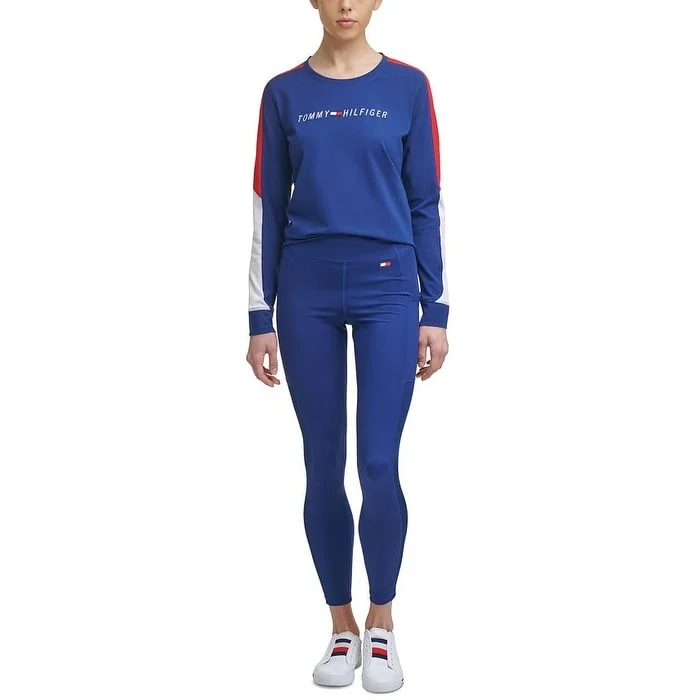 Tommy Hilfiger Women's Sport High Rise Side Pocket Ribbe Inset Full Length Leggings Blue Size Small