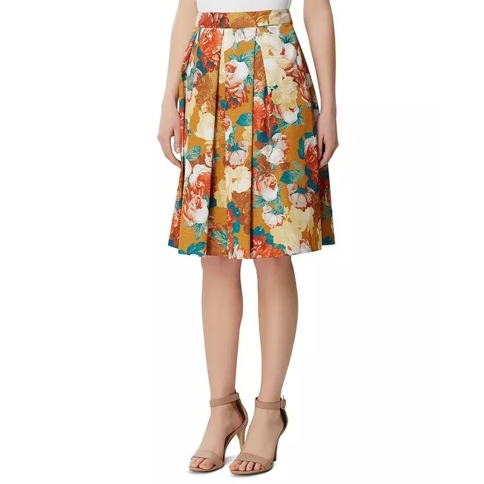 Tahari ASL Women's Floral Box Pleat Skirt Yellow Size 12 P